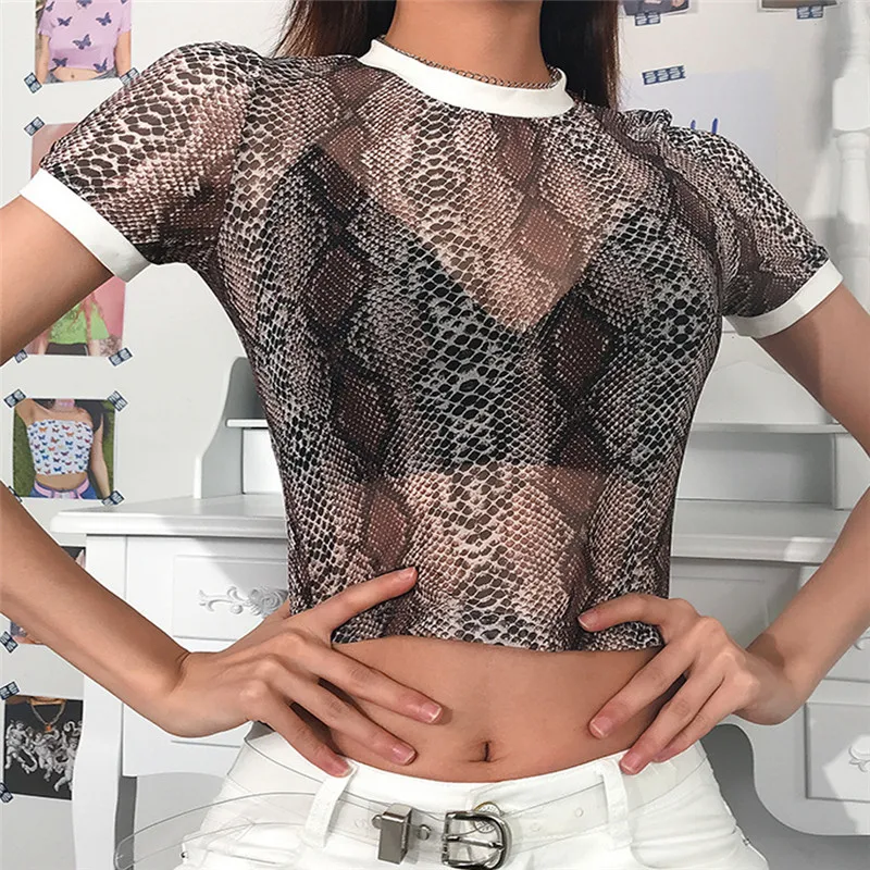 

2019 Fashion Women Mesh See-through Leopard Crop Tee Top Casual T Shirt Snake Print Sheer Sexy Transparent
