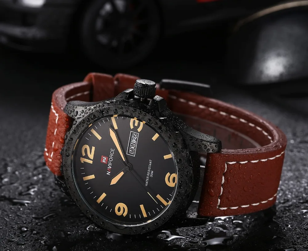Новые часы NAVIFORCE Relogio Masculino с датой и днем мужские наручные кожаным ремешком