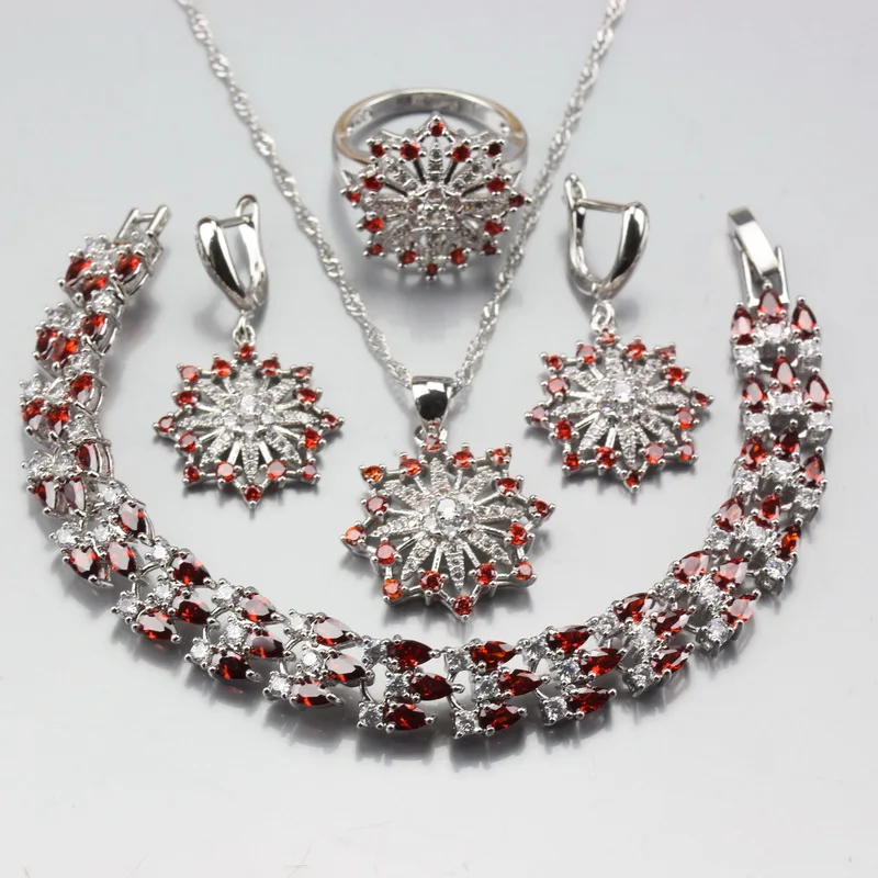 

Luxury Fashion Accessories Now Hot Selling Flower Red Austrian Rhinestones 925 Sterling Silver Jewelry Sets For Women\Girl