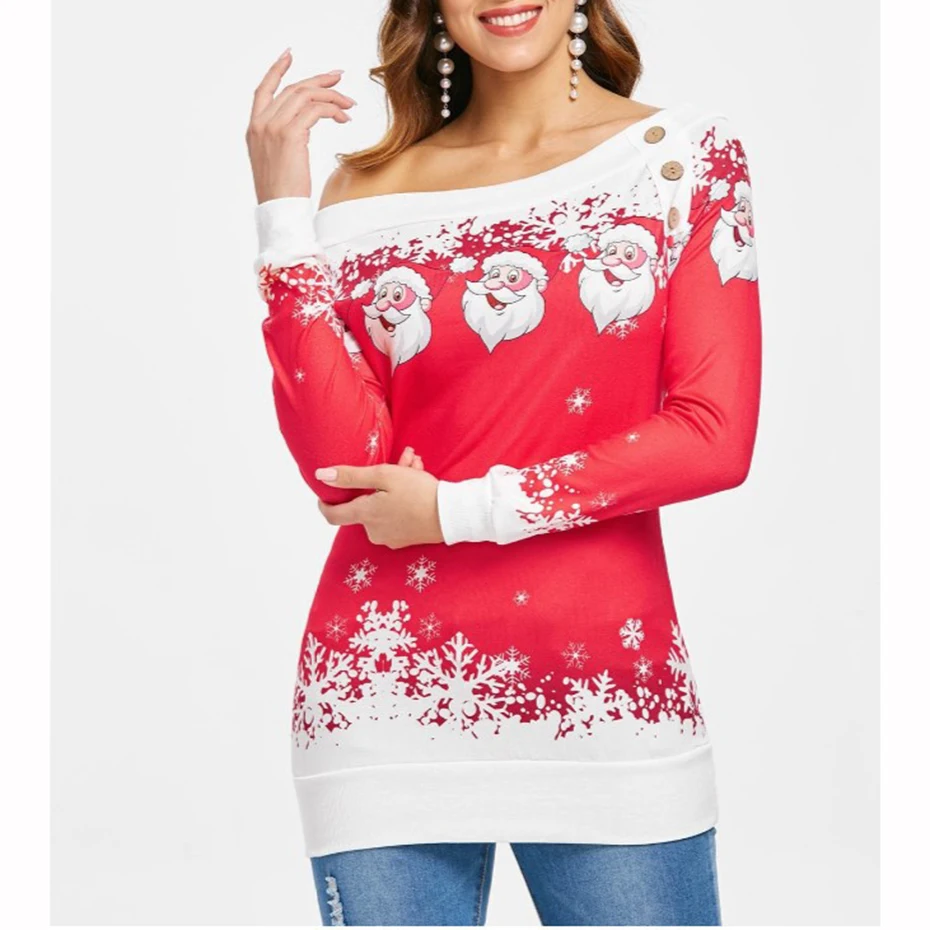 Christmas Sweatshirt Off Shoulder Top Buttons Clothing Womens 2019 New Year Dress Print Santa Cute Autumn Winter Women Pullover (5)