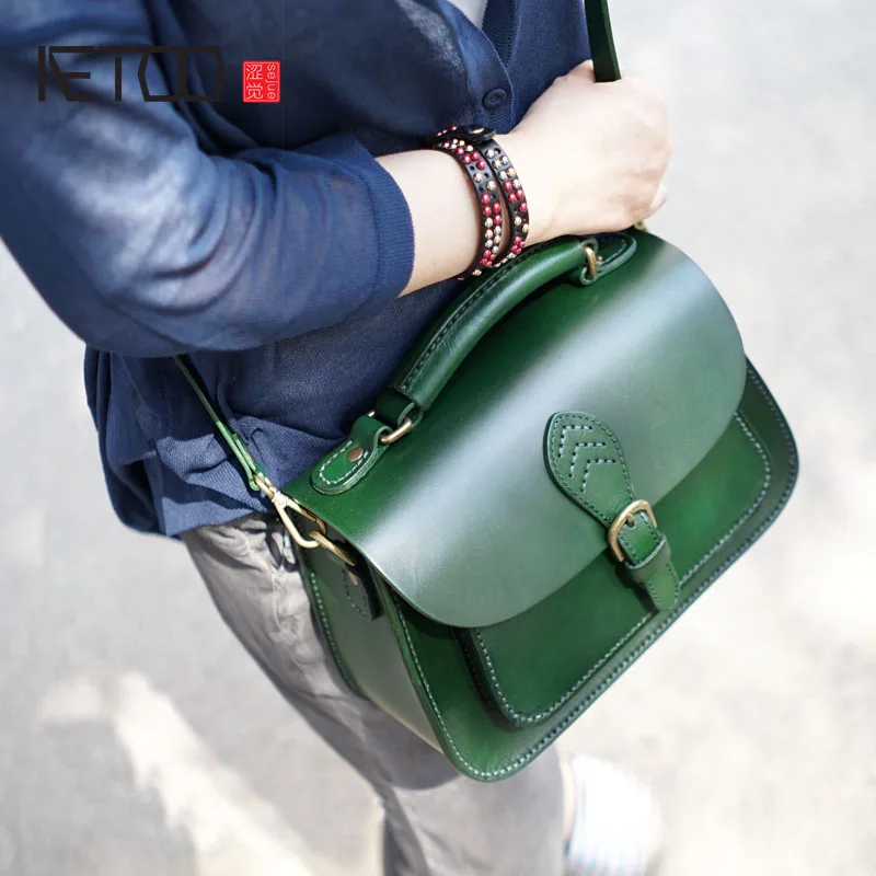 

AETOO Leather Art Sen retro shoulder Shoulder Bag handbags women's vegetable tanned leather saddle bags multi-color