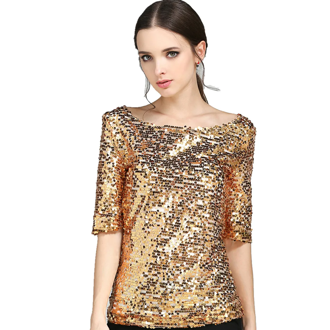 Женская прошитая блузка с блестками, модная блестящая рубашка с рукавом 3/4, топы, летняя рубашка размера плюс, женская одежда, S-5XL