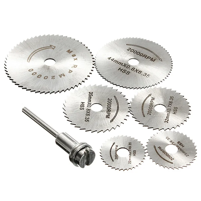 7pcs HSS аксессуаров для вращающихся инструментов 22/25/32/35/44/50 мм полотна циркулярной пилы для резки Колесные диски оправки для Dremel отрезать