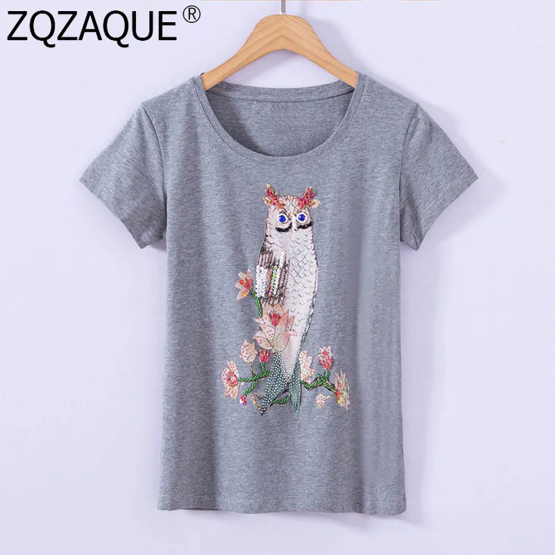 

2019 Summer Autumn Knitted T Shirts Girls Tops Beading Fish Owl Pattern Printing O-neck T-shirt for Women's Fashion Bottom Top