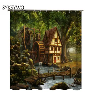 

rural house waterwheel shower curtain waterproof hot sale Wooden bridge river bath curtain shower