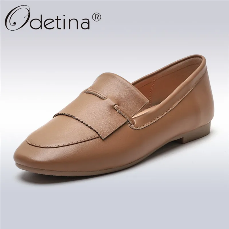 

Odetina Genuine Cow Leather Loafers Fashion Turned-over Edge Women Flat Square Toe Comfortable Slip-on Women Shoes Spring Autumn