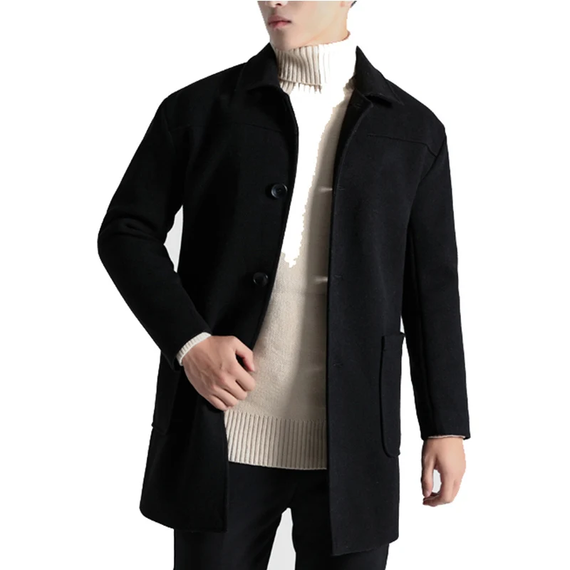 2018 Winter Long Wool Coat Men Fashion Turn down Collar Wool Blend ...