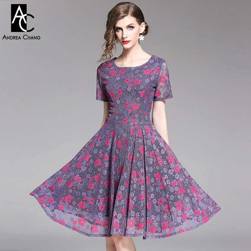 

S-XXL spring summer woman dress pink lavender flower pattern mesh lace dress ball gown knee length fashion sweet cute dress