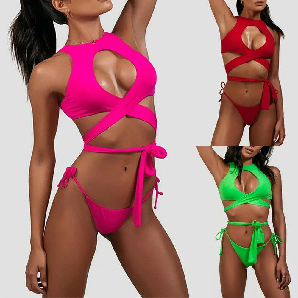 

Sexy Hollow-out Bikini Set Female Back Cross Bandage Swimsuit Padded Swimwear Green High Cut Swimming Suit 2019 June Newest