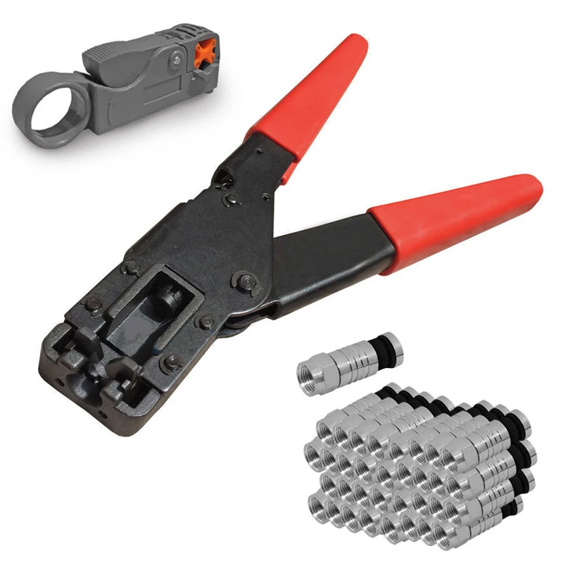 1 Set Multifunctional Coax 50pcs Compression Connector Crimping Tool Wire Cutter for RG6 RG59 RG6 Wire Stripping Pliers Mayitr