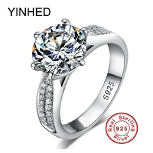 YINHED Classic Woman Wedding Ring Real Solid 925 Sterling Silver Jewelry Ring 2 Carat Cubic Zirconia CZ Engagement Ring ZR105