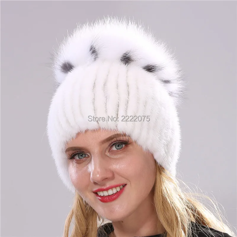 

Warm fashionable real mink weave hat head with large fox hair ball