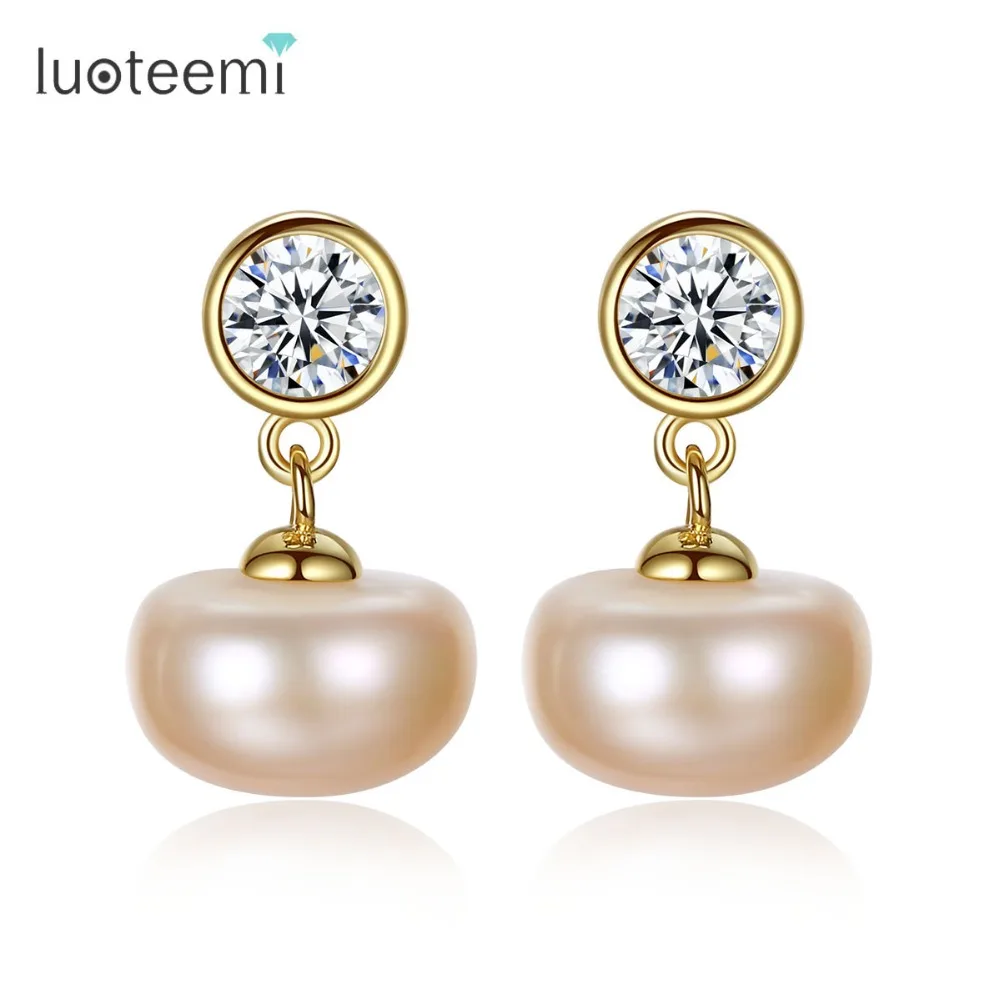 

LUOTEEMI Women Fashion Elegant Zircon 925 Sterling Silver AAAA Top Quality 100% Natural Freshwater Pearl Stud Earring Party Gift