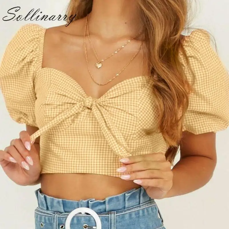 

Sollinarry High Fashion Short Blouses Top Women Square Collar Chic Bow Shirts Blouses Summer Female Puff Sleeves Blusa Mujer