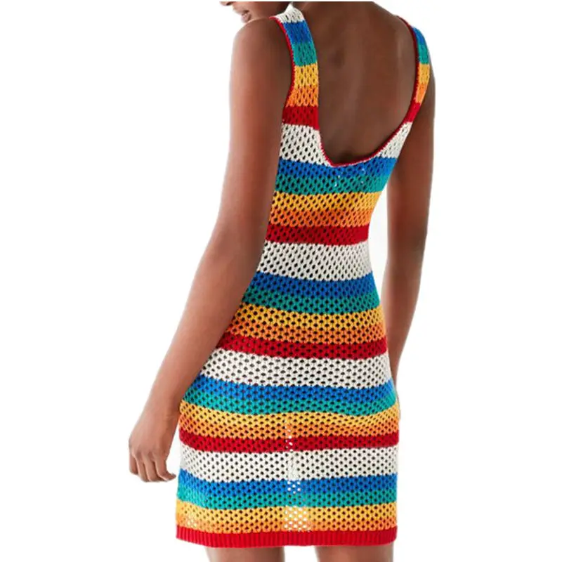 Разноцветное летнее пляжное мини-платье в полоску, Женская туника, купальник, накидка, бикини, накидка, саронг ПЛАЖ# Q726