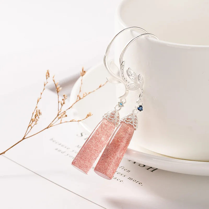 

silver S925 pure silver leaves natural strawberry crystal eardrop, retro personality, fresh lady's Earrings accessories