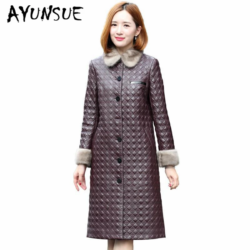 

AYUNSUE Genuine Leather Jacket Women Clothes 2019 Korean Casual Print Ladies Real Leather Long Coat + Mink Fur Collar 1702 LW791