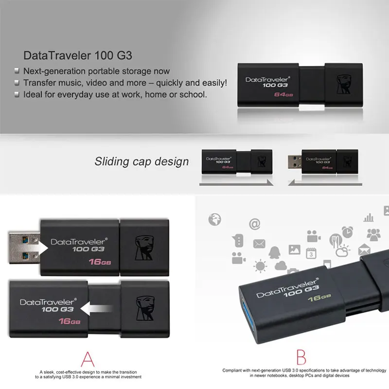 Kingston USB 3,0, флеш-накопитель, 16 ГБ, 32 ГБ, 64 ГБ, 128 ГБ, USB флеш-накопитель, флеш-накопитель, кольцо, память, USB DT100G3
