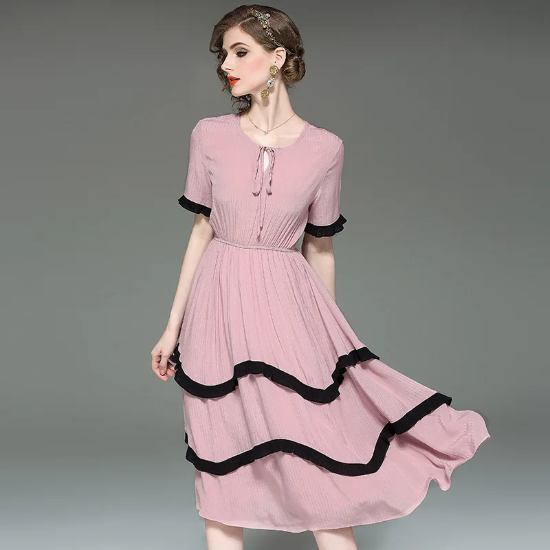 

Summer Dress Women 2019 Summer New Fashion Patchwork Round neck short sleeve Elastic waist Slim Elegant Dress Midi