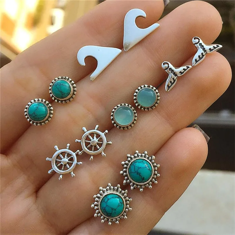 2018 Trendy stud earrings for women Girls Jewelry Blue gemst Rudder Of A Fish Tail Ship Bohemia Stud Earrings Brincos J04#N (4)