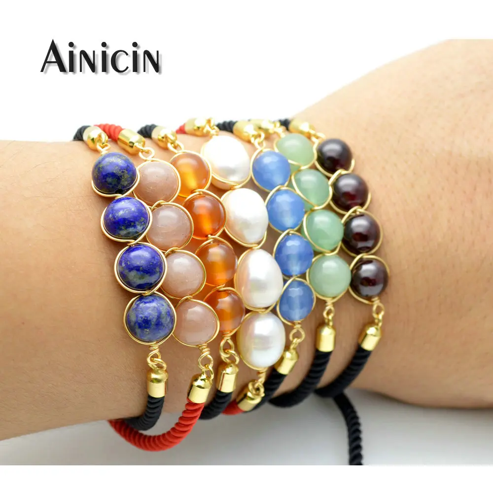 

1pc Natural Semi-precious Stone Hand Twisted With Sliding Red Black Rope Chain Adjustable Bracelets For Women Jewelry