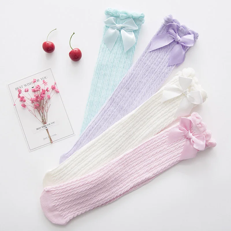Носки принцессы для девочек; Хлопковые гольфы для маленьких девочек; сетчатые носки с бантом; длинные носки для маленьких детей