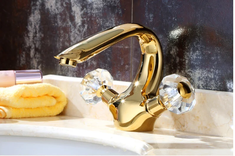 

Free ship gold Finish double crystal handles Single Hole deck mounted bathroom lavatory sink faucet mixer tap new
