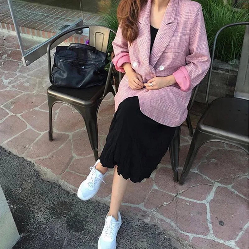 Blazer feminino fashion temperament professional loose wild pink plaid suit was thin elegant coat female suit spring new