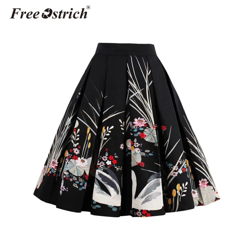 

Free Ostrich 2019 Women's Vintage A Line Pleated Skirt high Waist Flared Midi Skirts Knee Length Swan Printed Aldas Jupe S40