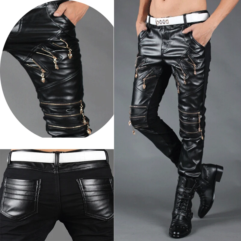 RTBU Punk Rock Armour Biker Silver Zipper Leather-Like Skinny Pants Unisex Jeans 