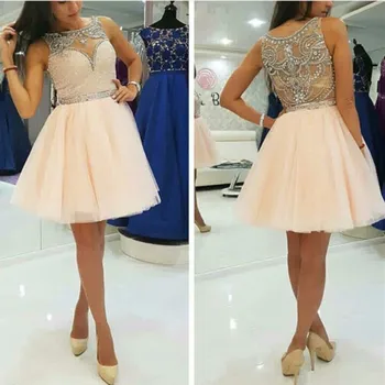 

Real Photos Peach Color 2017 Beading Handwork Short Prom Dresses With Stones Sleeveless O-Neck Evening Party Gowns Custom Made