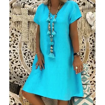 

New V-Neck Cotton and Linen Summer Dress Women Casual Style Feminino Vestido T-shirt party dress Plus Size Ladies Dress dropship