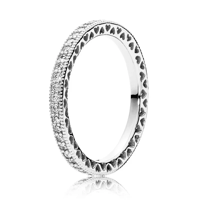 

Authentic 925 Sterling Silver Pan Ring Stackable Love Hearts With Crystal Rings For Women Wedding Party Gift Jewelry