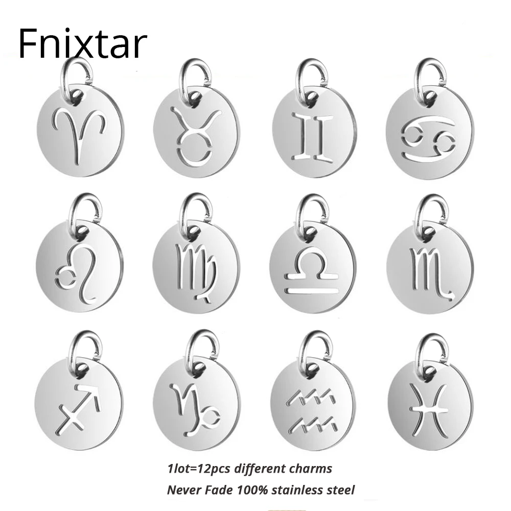 Fnixtar, нержавеющая сталь, 12 мм, Зодиак, Очаровательные Подвески для изготовления ювелирных изделий, никогда не выцветают, 12 знаков, созвездие, металлические подвески 12 шт./лот