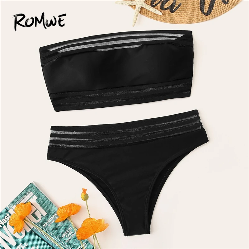 

Romwe Sport Black Mesh Panel Striped Bandeau Bikini Set Women Summer 2019 Sexy Wire Free Swimsuit Beach Vacation Swimwear