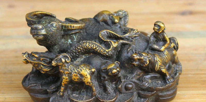 

5" Chinese FengShui Bronze Gilt 12 Year Zodiac OX On Wealth YuanBao Coin Statue