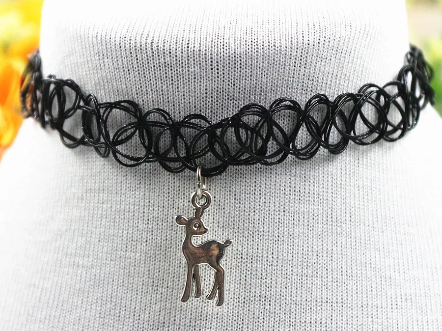 Fashion Handmade Tattoo Choker Necklace with Fawn Pendant(20*10mm) &quotN26&quot Vintage Stretch Gothic Punk Grunge Henna Elastic |
