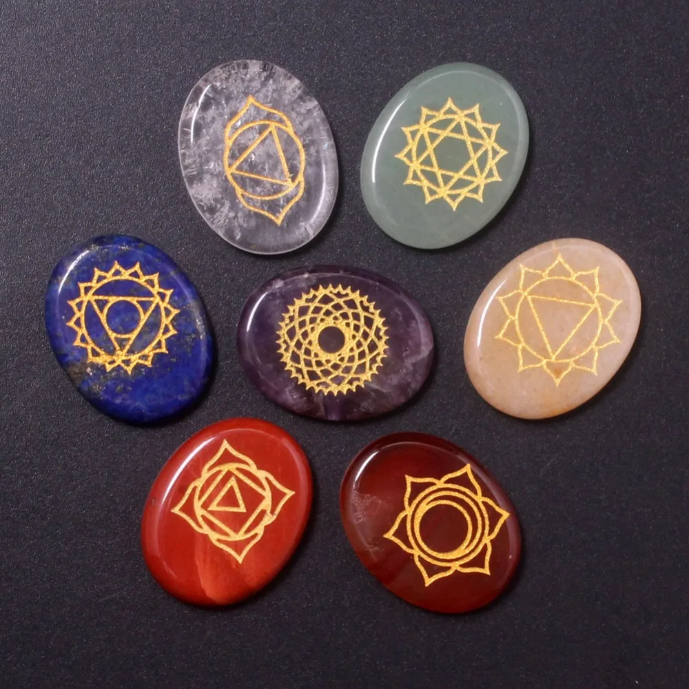 

Natural Engraved Stones Reiki Healing Yoga Meditation Oval Engraved Stones 7 Chakras Holistic Health Care Palm Therapy Set