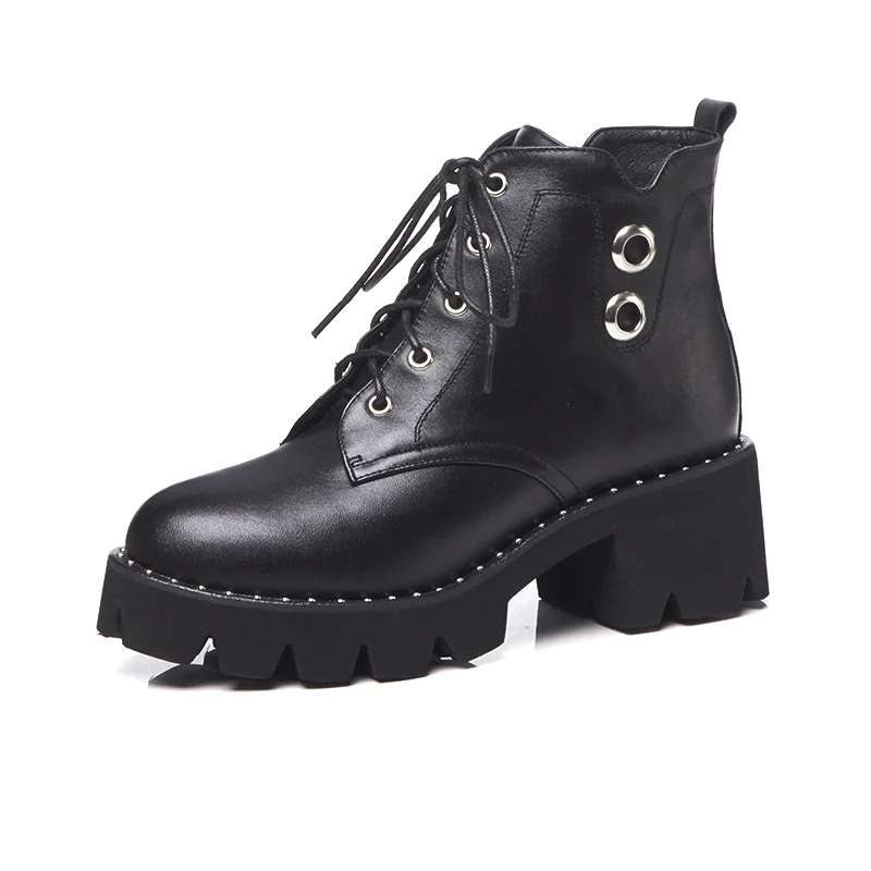 MNIXUAN high quality shoes women martin boots ankle boots winter new platform high heels lace up short boots big size 34-43 - Цвет: Black cowhide