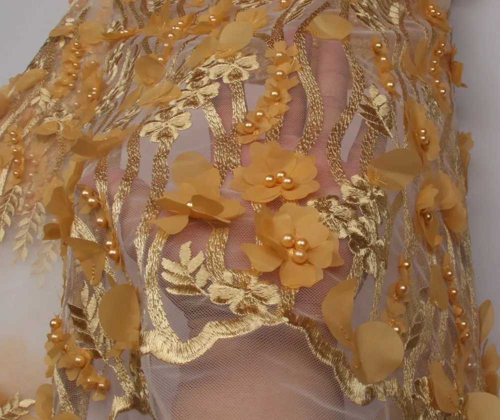 

Latest Gold color african embroidered mesh lace fabric with beads high quality french 3d lace fabric for wedding NA692B-1
