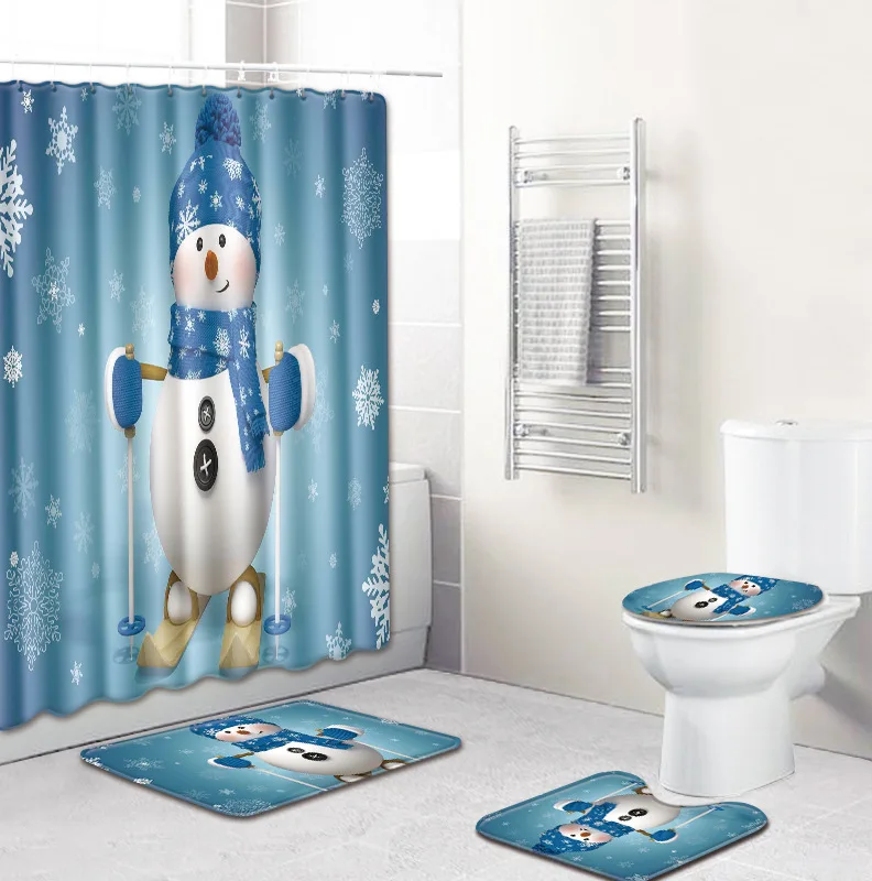 

4pcs/set Waterproof Shower Curtain Bathroom Mat Merry Christmas Snowman Print Polyester Fabric Washable Home Bath Decor Curtain