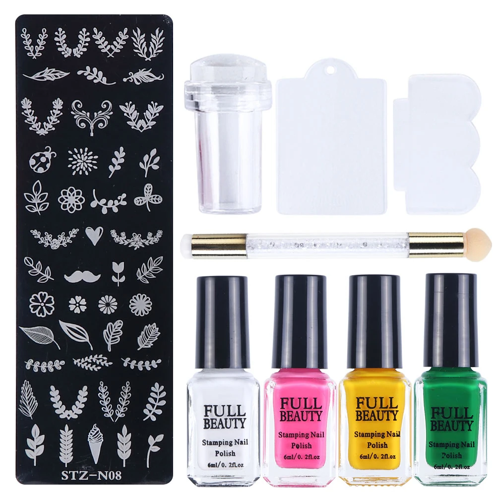 

1 Set Nail Art Stamping Polish+Stamping Plate+Stamper+Scraper Image Painting Stencil for Nails Colorful Gel Varnish Kit LA797