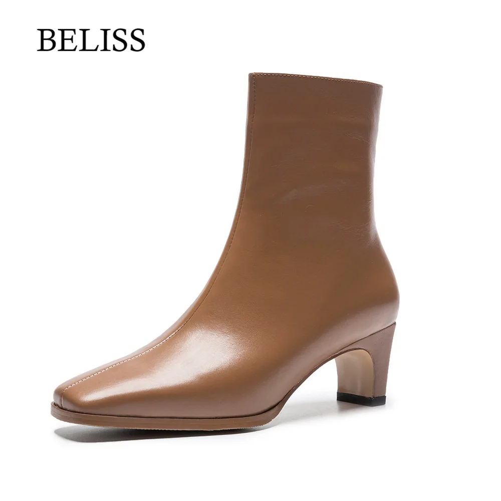 

BELISS Fashion Handmade Ankle Boots for Women Med Heel Genuine Leather Boots Women Square Toe Elegent Shoes Female Footwear B114