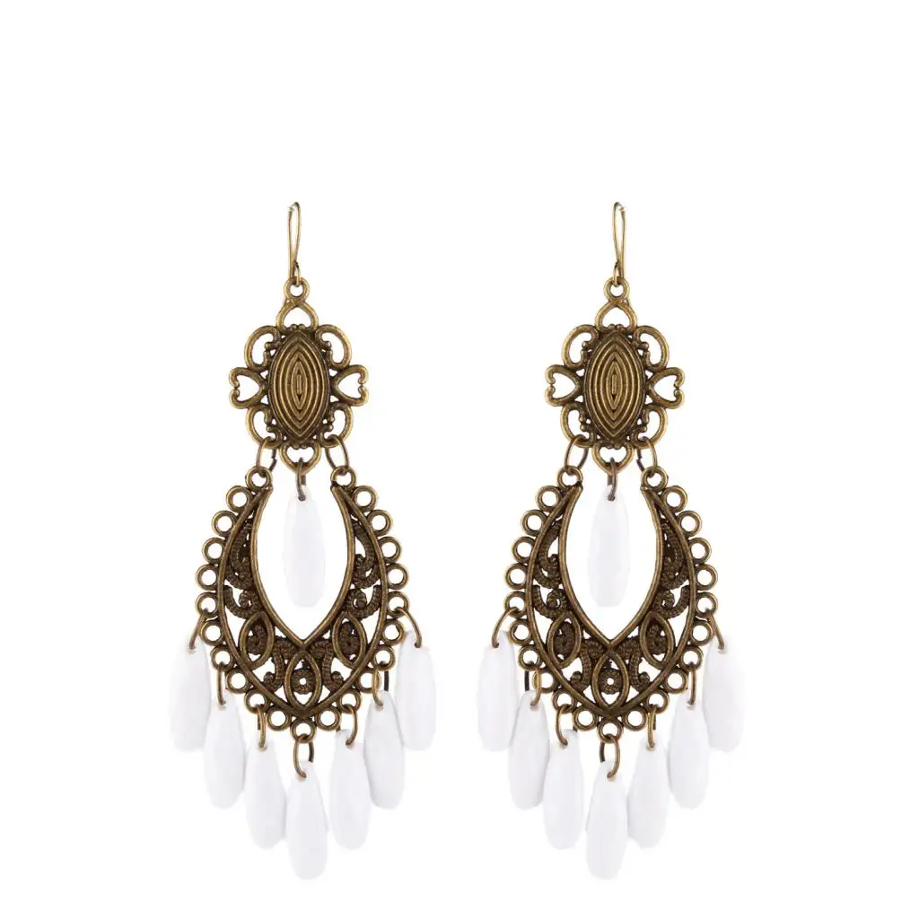 Women Behomia Hollow Flower Alloy Hook Style Earringd Ethnic Odd Beads Drop Long Tassel Fringe Earrings 
