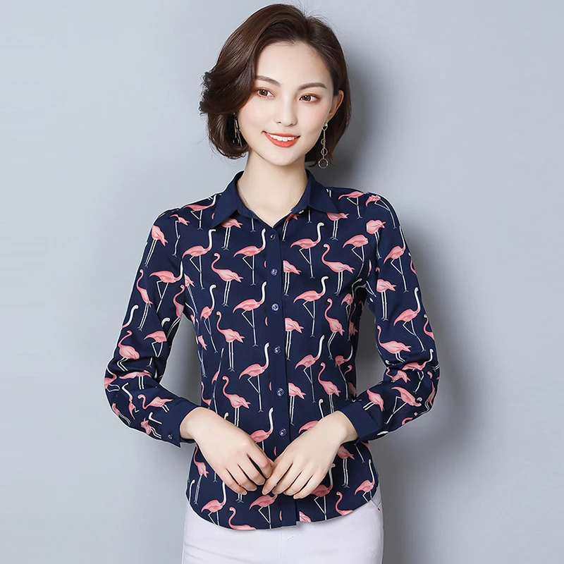 

Plus Size X-3XL Shirt Female 2018 Spring New Swan Animal Printing Chiffon Blouses Fashion Long-sleeved Lapel Female Tops Blusa