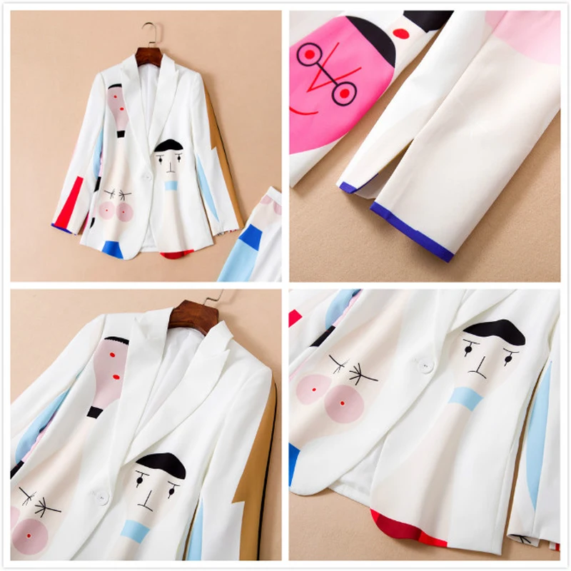 High Quality Designer Runway New Women's Pant Suits Print Office Blazer Top+Pants 2 Piece Set Women Long Sleeve Sets Suit Female