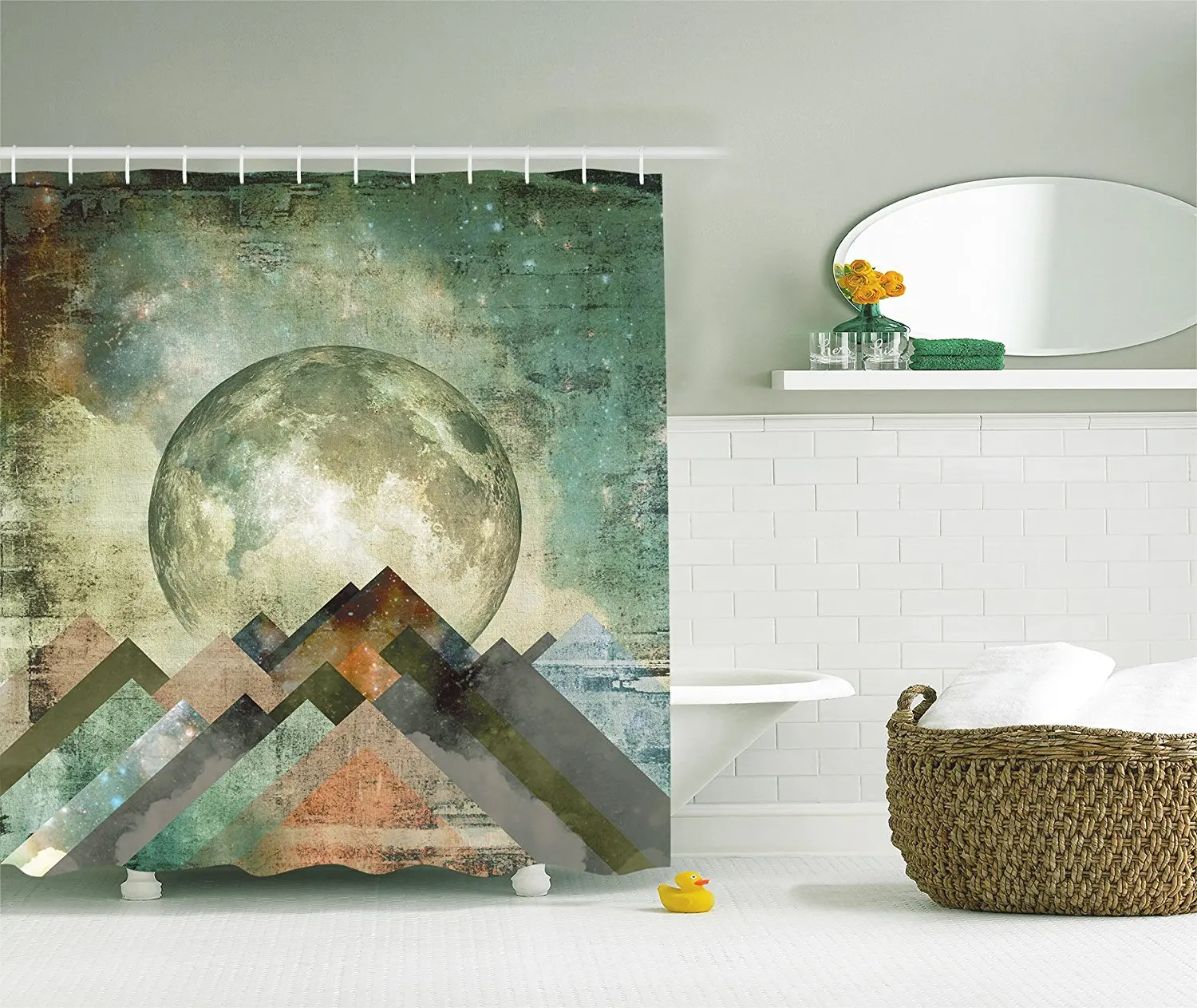 Vintage Shower Curtain Rustic Geometric Decorations Grunge Pastel Moonshine Moon Print Retro Paintings Polyester Fabric Bath Set | Дом и сад