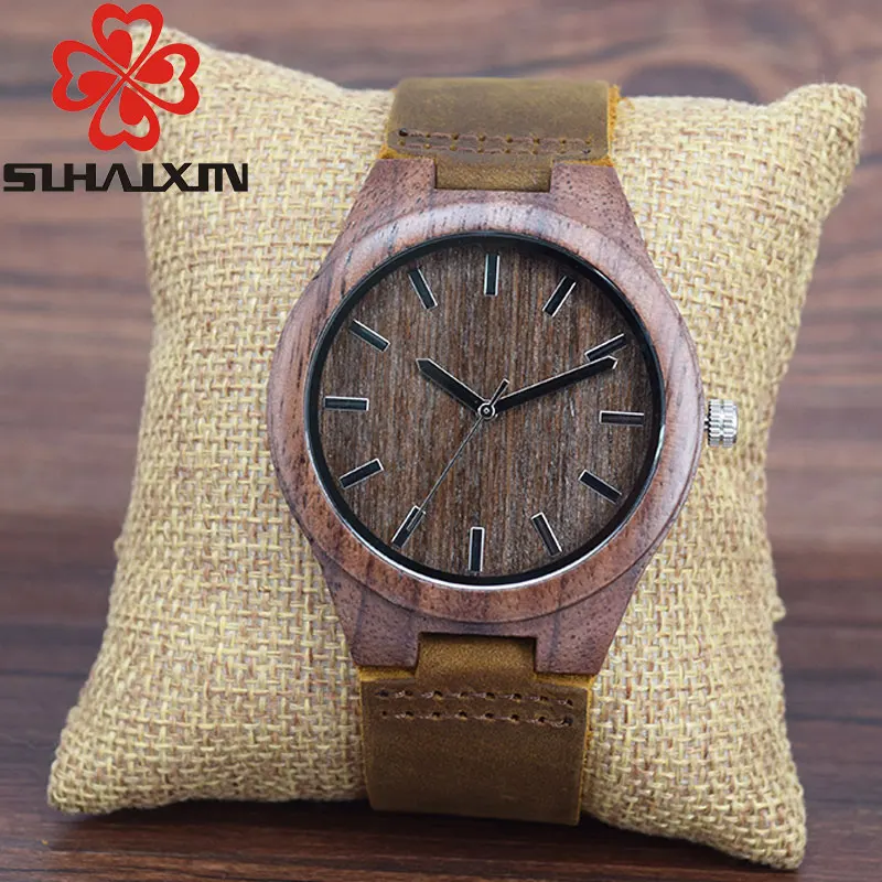 

SIHAIXIN Leather Wood Watch Men Natural Bamboo Soft Leather Quartz Man Clock Reloj Hombre Creative Birthday Gifts Drop Shipping