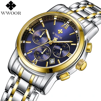 

WWOOR2019 New Men Luxury Gold Blue Quartz watch Men Stainless Steel Multifunction Waterproof Busines Watches Relogio Masculino