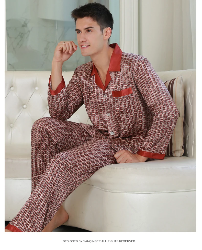 Мужские шелковые пижамы с длинными рукавами из сатина пижамный комплект мужские